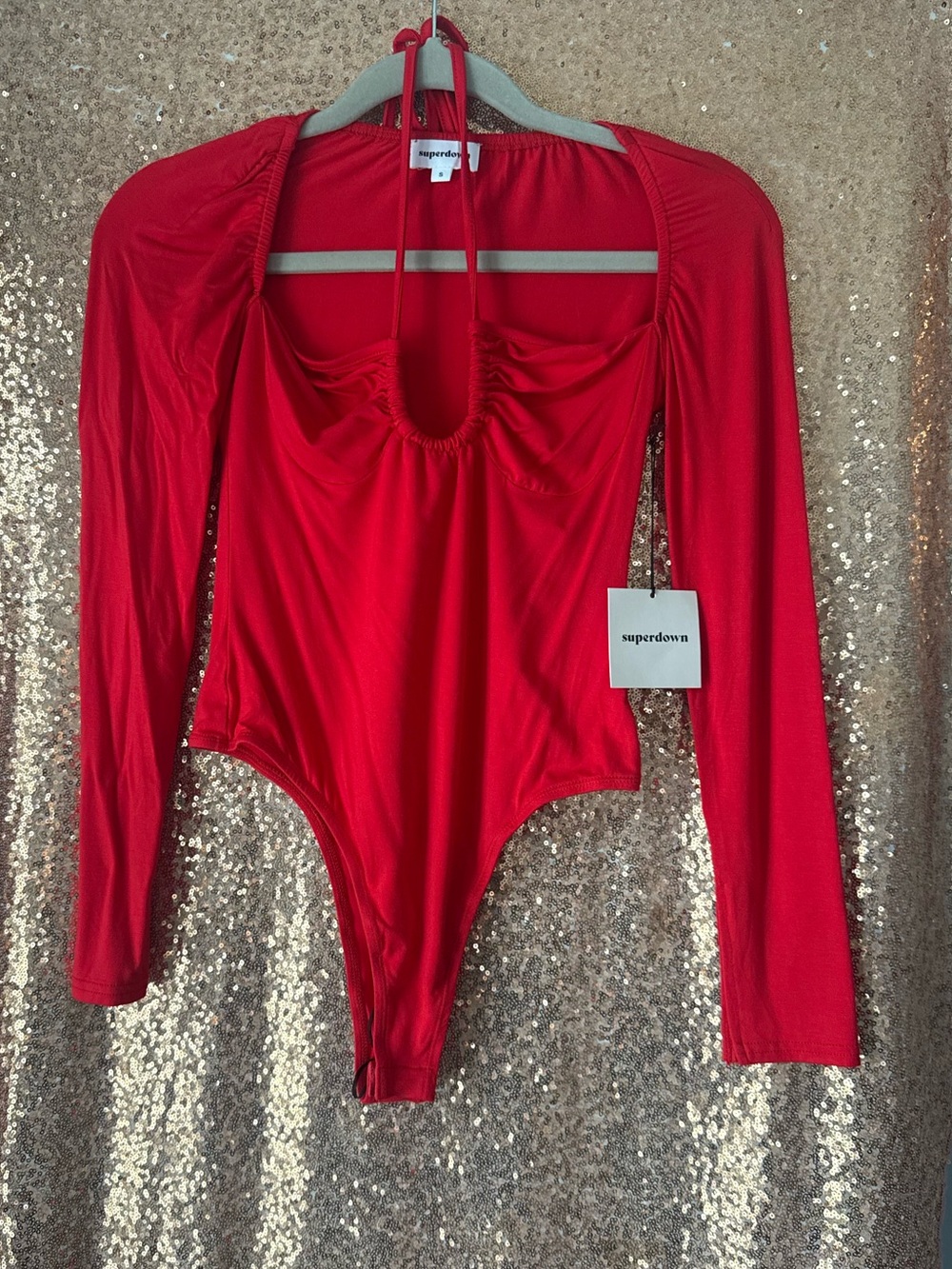 superdown Red Long-Sleeve Halter Ruched Bodysuit